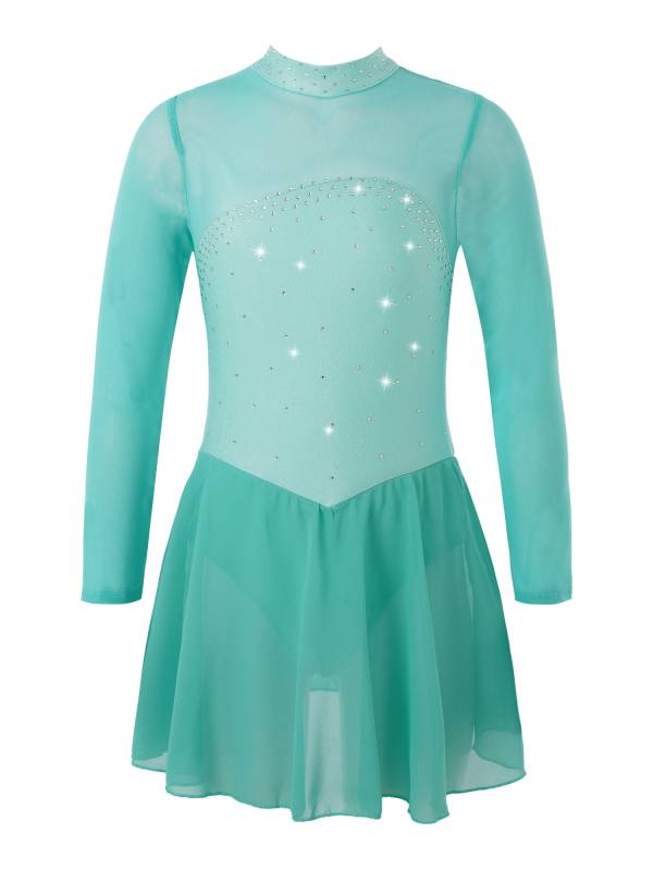 Kids Girls Mesh Long Sleeves Figure Ice Skating Leotard Dress thumb
