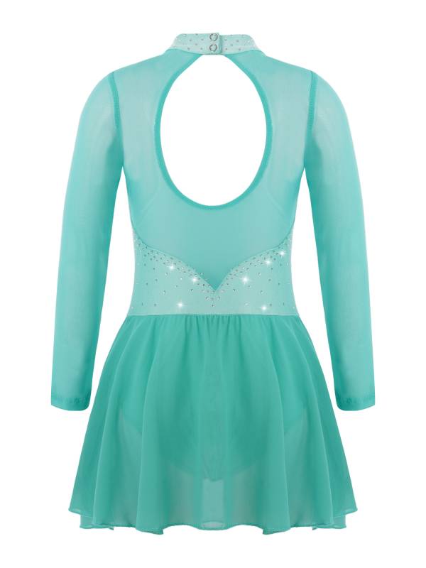 Kids Girls Mesh Long Sleeves Figure Ice Skating Leotard Dress thumb