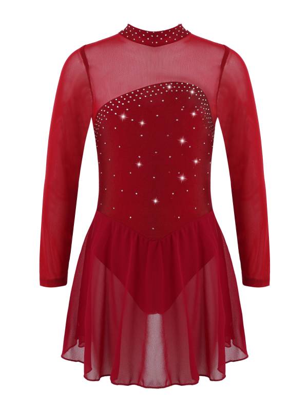 Kids Girls Mesh Long Sleeves Figure Ice Skating Leotard Dress thumb