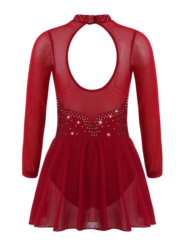 Kids Girls Mesh Long Sleeves Figure Ice Skating Leotard Dress thumb