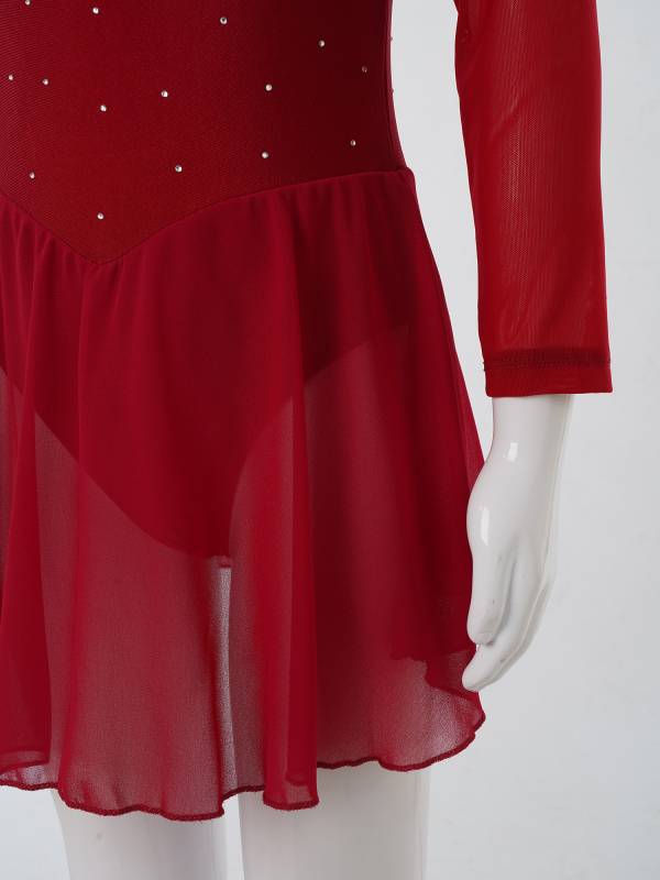 Kids Girls Mesh Long Sleeves Figure Ice Skating Leotard Dress thumb
