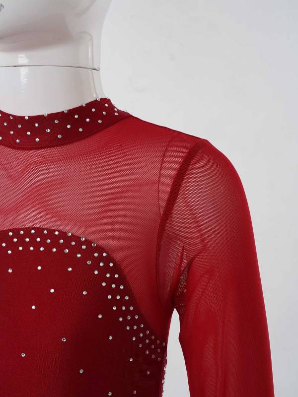 Kids Girls Mesh Long Sleeves Figure Ice Skating Leotard Dress thumb
