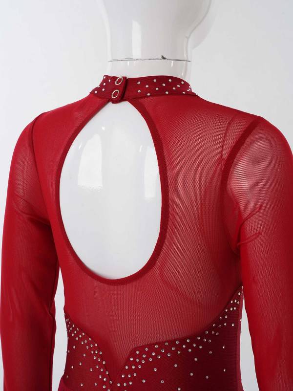Kids Girls Mesh Long Sleeves Figure Ice Skating Leotard Dress thumb