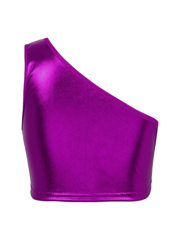 Kids Girls One Shoulder Shiny Metallic Jazz Dance Crop Top thumb