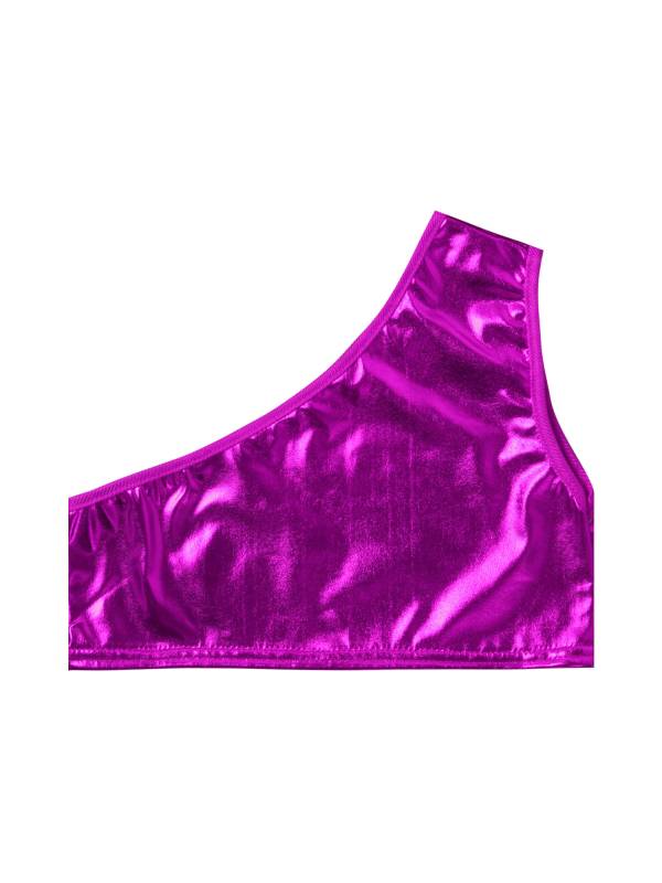 Kids Girls One Shoulder Shiny Metallic Jazz Dance Crop Top thumb