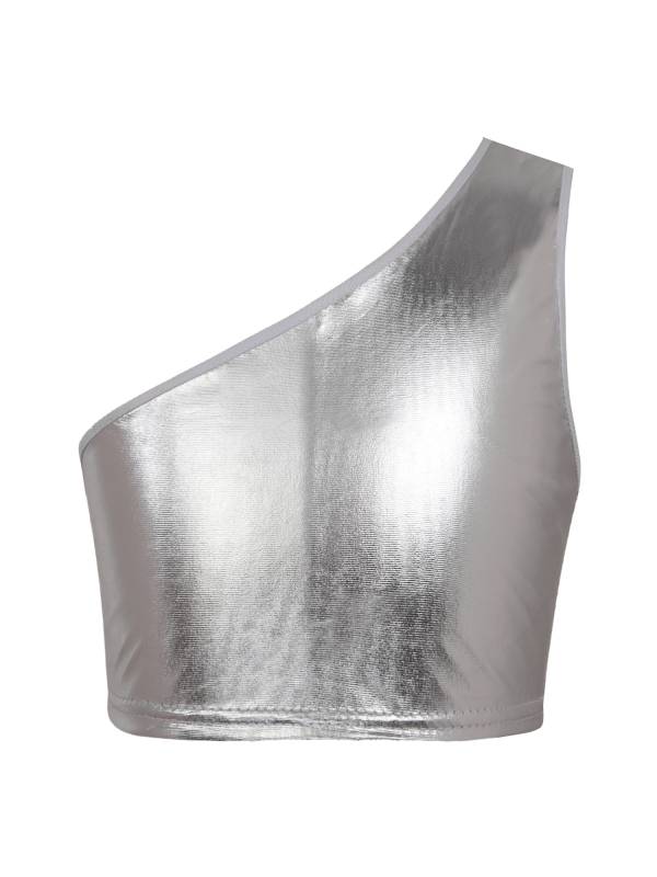 Kids Girls One Shoulder Shiny Metallic Jazz Dance Crop Top thumb