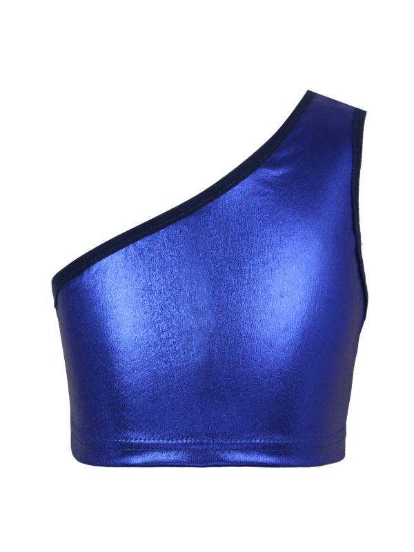 Kids Girls One Shoulder Shiny Metallic Jazz Dance Crop Top thumb