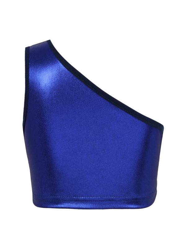 Kids Girls One Shoulder Shiny Metallic Jazz Dance Crop Top thumb