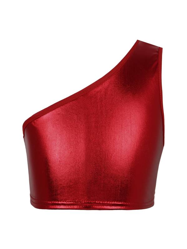 Kids Girls One Shoulder Shiny Metallic Jazz Dance Crop Top thumb