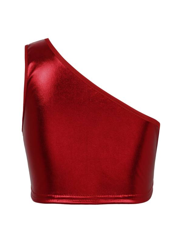 Kids Girls One Shoulder Shiny Metallic Jazz Dance Crop Top thumb