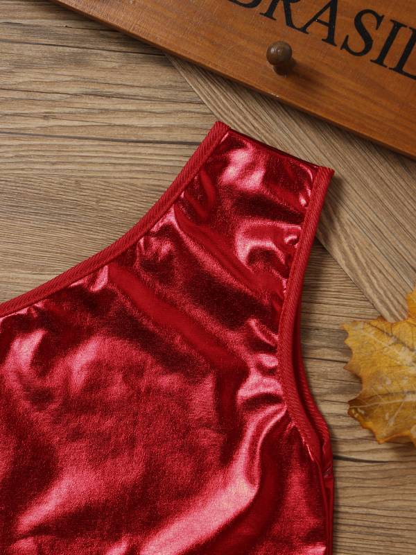 Kids Girls One Shoulder Shiny Metallic Jazz Dance Crop Top thumb