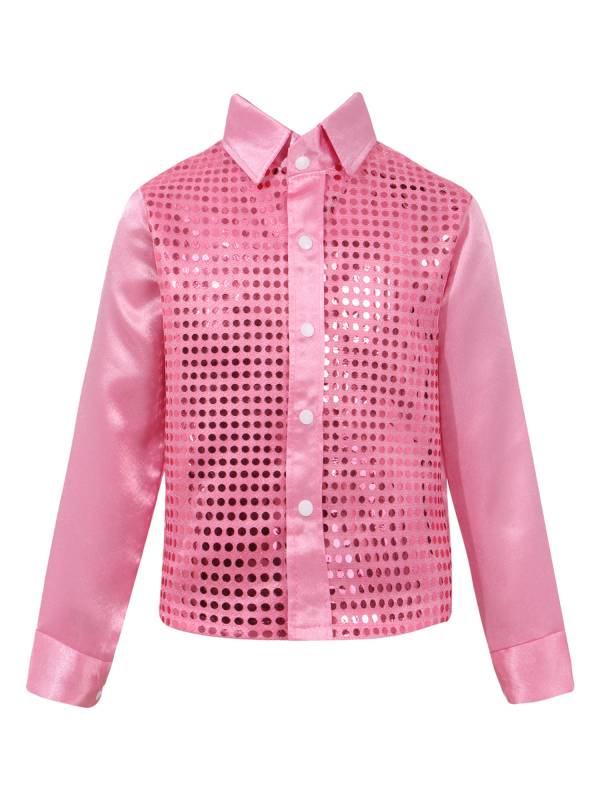Kids Boys Glittery Sequin Long Sleeve Latin Dance Shirt thumb