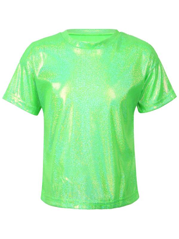 Kids Girls and Boys Short Sleeve Metallic Shiny Jazz Dance T-shirt thumb