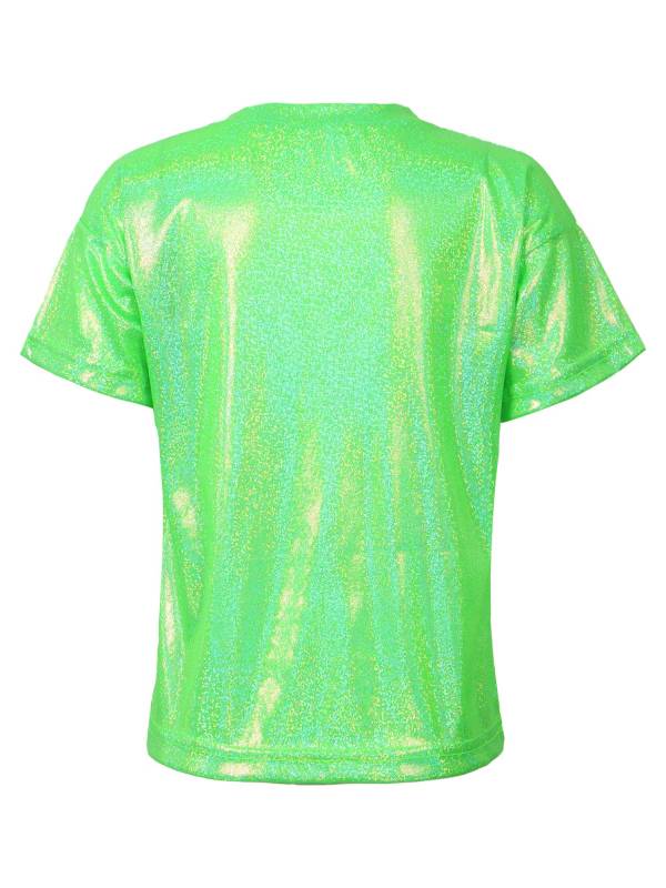 Kids Girls and Boys Short Sleeve Metallic Shiny Jazz Dance T-shirt thumb