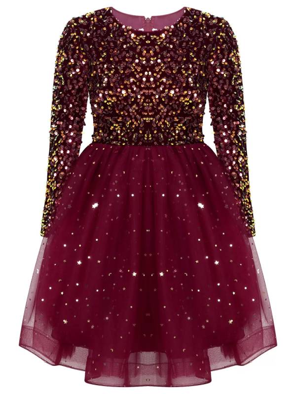 Kids Girls Christmas Sequin Velvet Tulle A-line Dress thumb