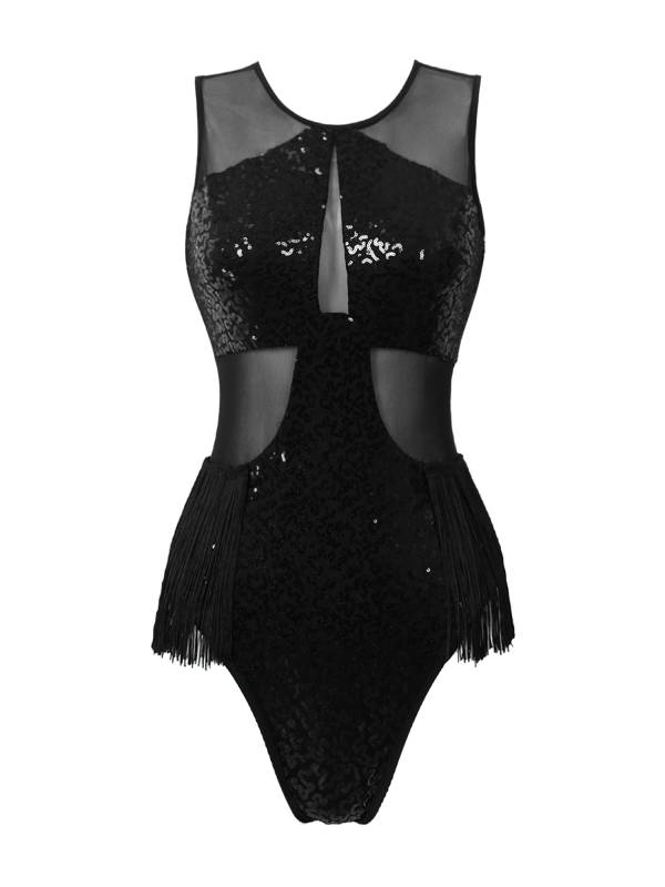 Women Sequin Sleeveless Tassel Jazz Dance Leotard thumb