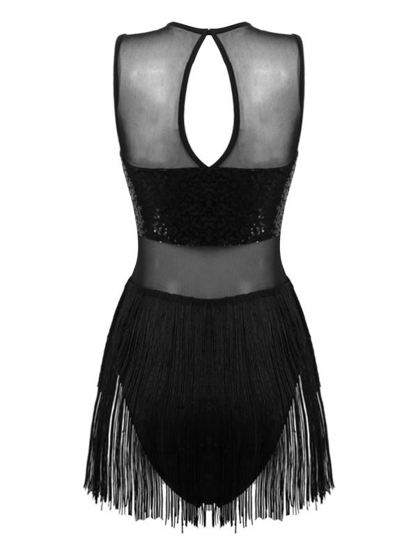 Women Sequin Sleeveless Tassel Jazz Dance Leotard thumb