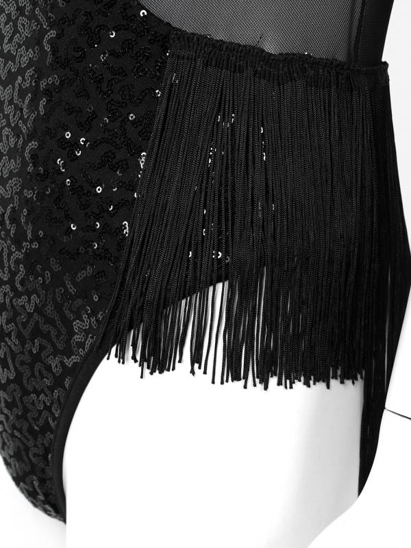 Women Sequin Sleeveless Tassel Jazz Dance Leotard thumb
