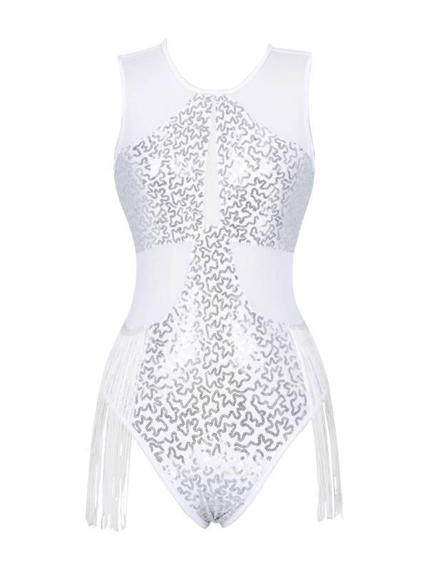 Women Sequin Sleeveless Tassel Jazz Dance Leotard thumb