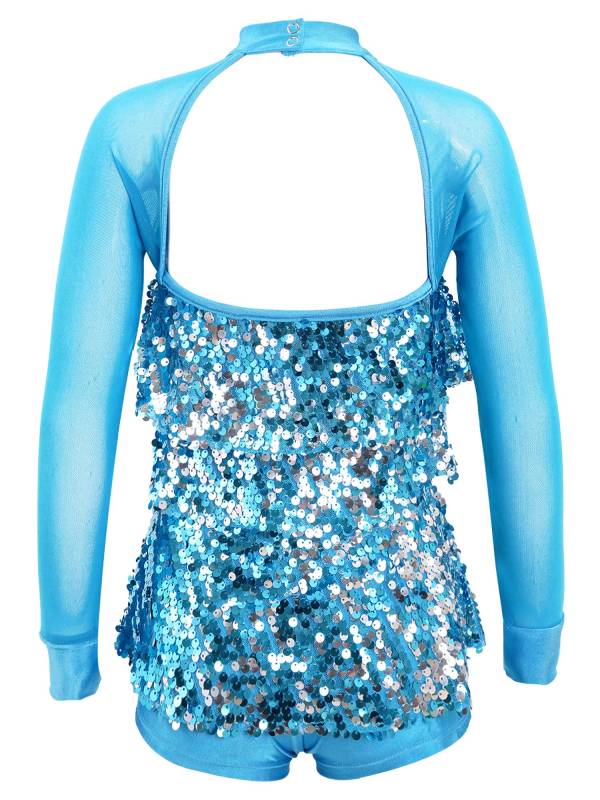 Kids Girls Long Sleeve Ruffle Sequin Backless Jazz Dance Leotard thumb