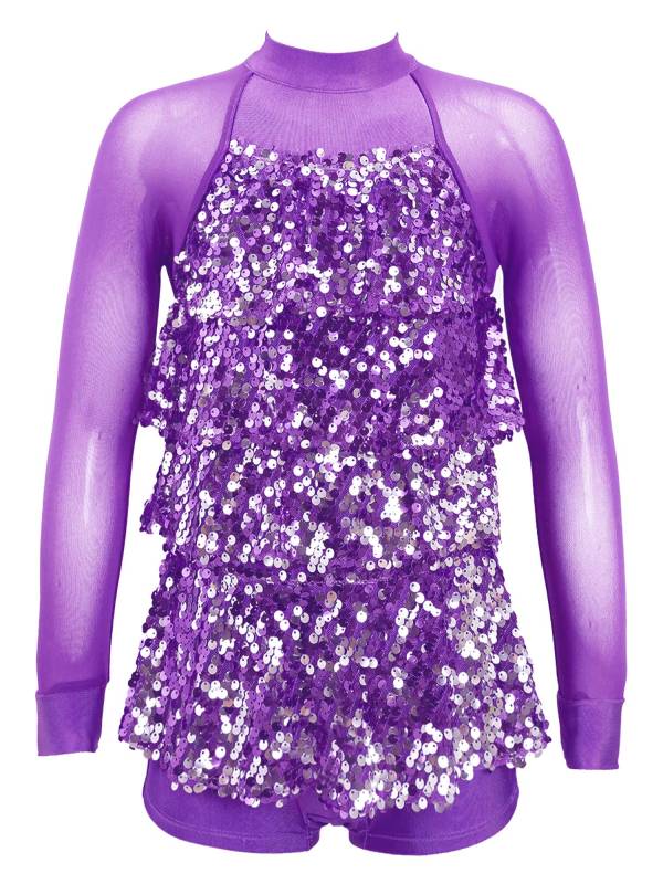 Kids Girls Long Sleeve Ruffle Sequin Backless Jazz Dance Leotard thumb