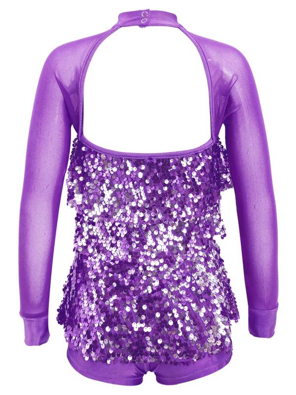 Kids Girls Long Sleeve Ruffle Sequin Backless Jazz Dance Leotard thumb