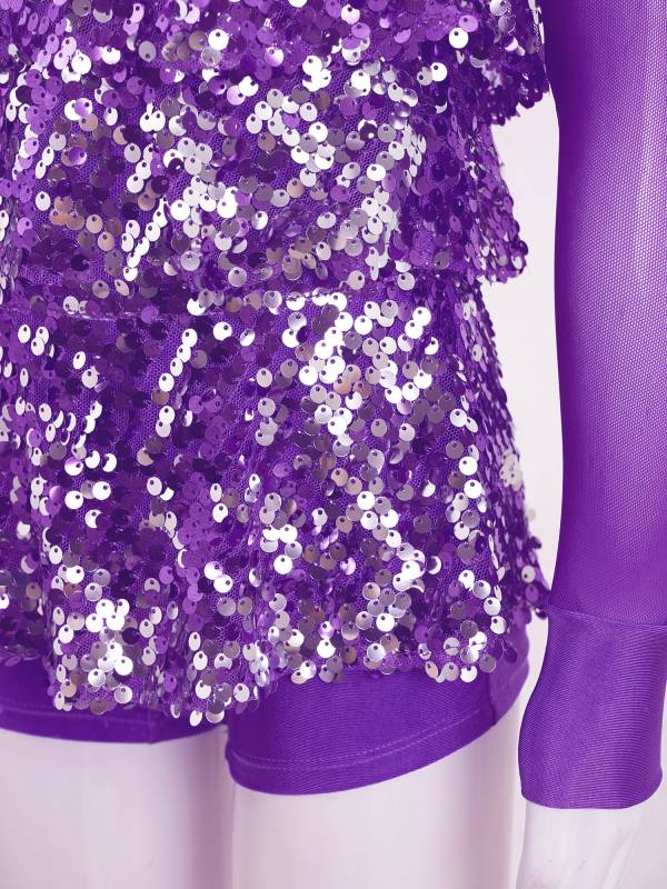 Kids Girls Long Sleeve Ruffle Sequin Backless Jazz Dance Leotard thumb