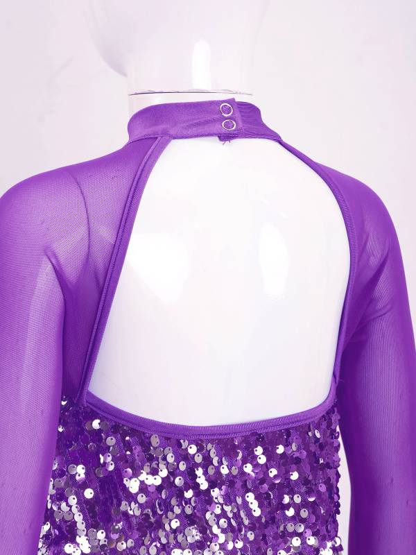 Kids Girls Long Sleeve Ruffle Sequin Backless Jazz Dance Leotard thumb