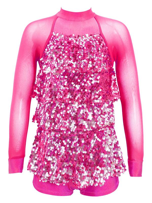 Kids Girls Long Sleeve Ruffle Sequin Backless Jazz Dance Leotard thumb