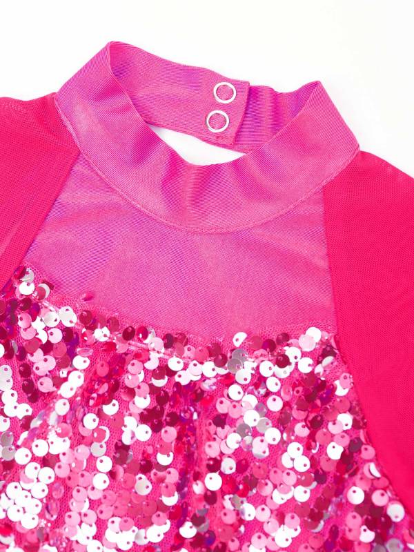 Kids Girls Long Sleeve Ruffle Sequin Backless Jazz Dance Leotard thumb