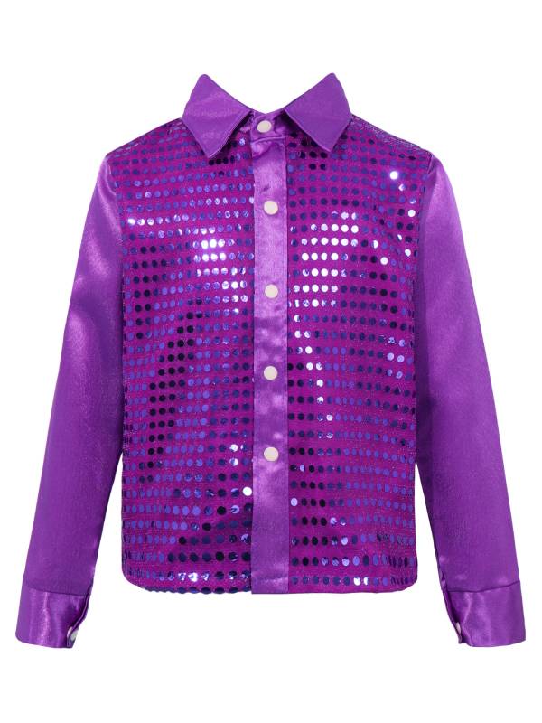 Kids Boys Glittery Sequin Long Sleeve Latin Dance Shirt thumb