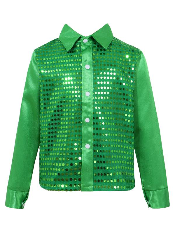 Kids Boys Glittery Sequin Long Sleeve Latin Dance Shirt thumb