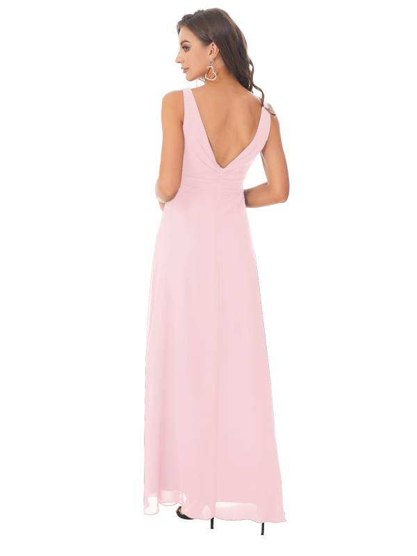 Women Solid V Back Maxi Bridesmaid Dresses thumb