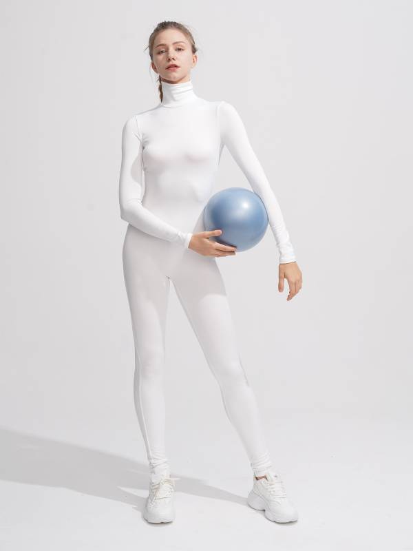 Women Solid Color High Collar Long Sleeves Unitard for Yoga thumb