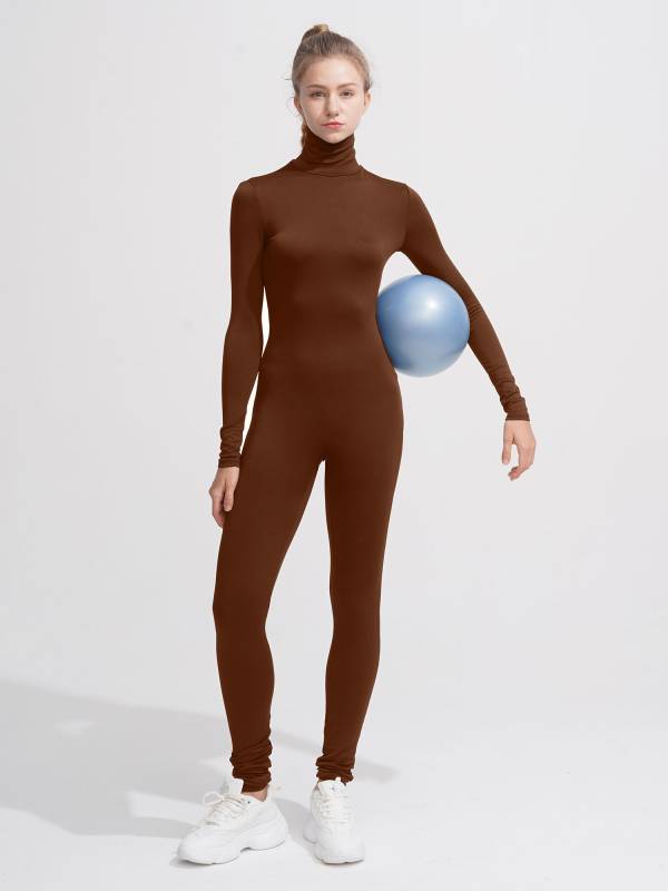 Women Solid Color High Collar Long Sleeves Unitard for Yoga thumb