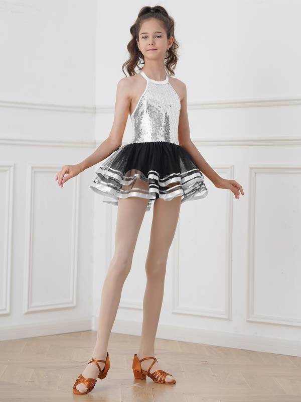 Kids Girls Sleeveless Sequin Hollow Back Tutu Jazz Dance Dress thumb
