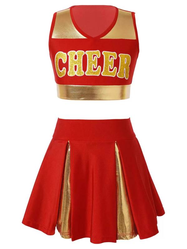 Kids Girls 2pcs Sleeveless Crop Top with Skirt Cheerleading Dance Set thumb