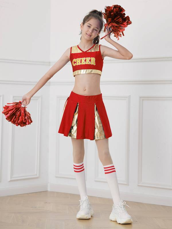 Kids Girls 2pcs Sleeveless Crop Top with Skirt Cheerleading Dance Set thumb