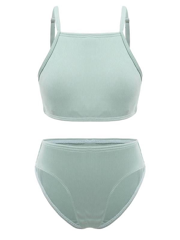 Kids Girls 2pcs Solid Removable Pads Tops and Briefs Bikini Set thumb