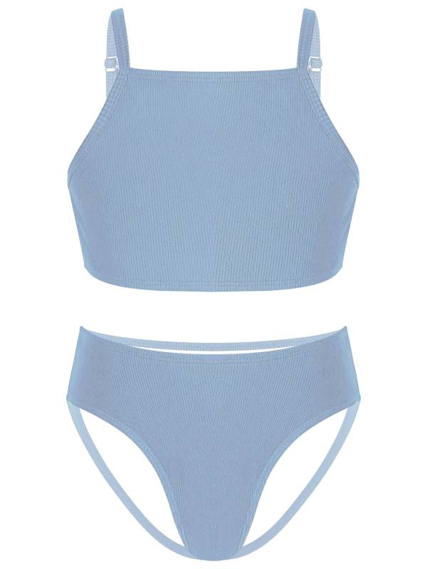 Kids Girls 2pcs Solid Removable Pads Tops and Briefs Bikini Set thumb