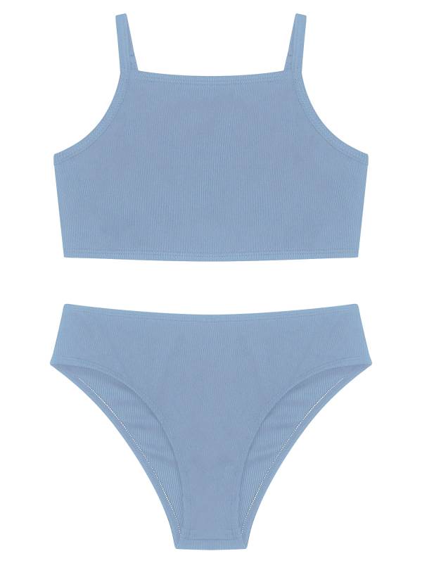 Kids Girls 2pcs Solid Removable Pads Tops and Briefs Bikini Set thumb