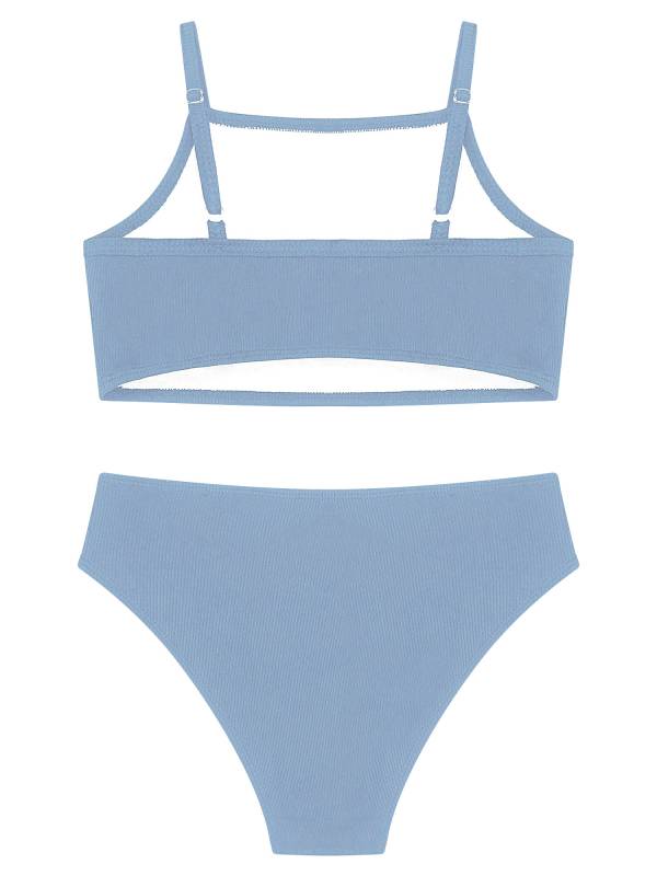 Kids Girls 2pcs Solid Removable Pads Tops and Briefs Bikini Set thumb