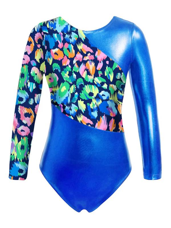 Kids Girls Long Sleeves Leopard Print Gymnastics Leotard thumb