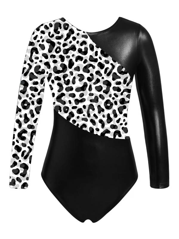 Kids Girls Long Sleeves Leopard Print Gymnastics Leotard thumb