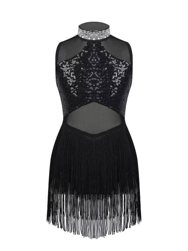 Kids Girls Sequins Mesh Tassel Latin Jazz Dance Leotards thumb