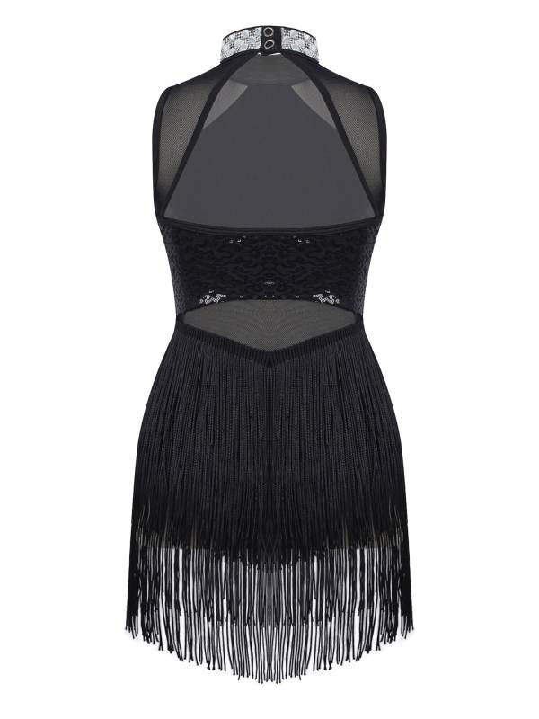 Kids Girls Sequins Mesh Tassel Latin Jazz Dance Leotards thumb