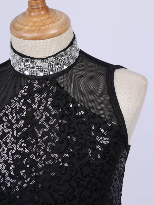 Kids Girls Sequins Mesh Tassel Latin Jazz Dance Leotards thumb