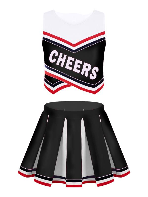 Kids Girls 2pcs V Neck Cheers Print Vest and Pleated Skirt Cheerleading Set thumb