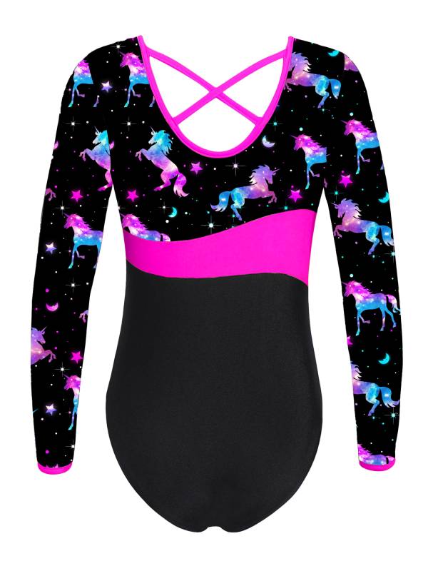 Kids Girls One-piece Long Sleeves Printed Gymnastics Leotard thumb