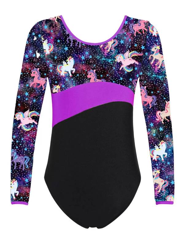 Kids Girls One-piece Long Sleeves Printed Gymnastics Leotard thumb